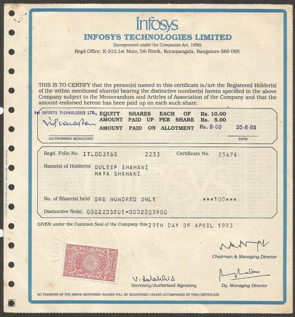 India INFOSYS original 1993 share certificate - 9500R in 1993, now