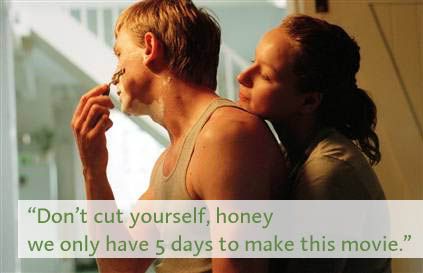 Daniel Craig shaving with Samantha Morton holding him from behind with the caption Dont cut yourself honey, we only have 5 days to make this movie