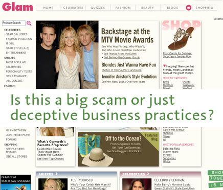 picture of Glam.com website with the caption - is this a big scam or just deceptive business practices?