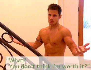 Nick Lachey shirtless with both hands in the air with the caption what you dont think I'm worth it?