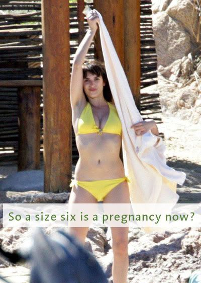 Recent picture of Penelope Cruz in a cute yellow bikini with the caption so a size six is pregnancy now?