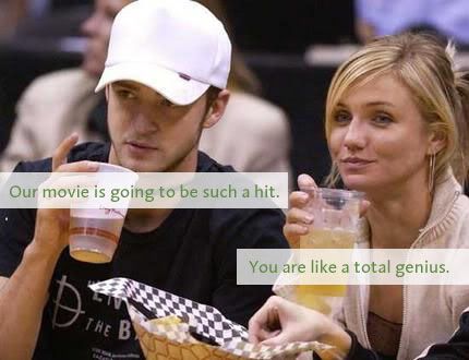 Cameron and Justin drinking beer at a basketball game. Justin's caption reads: our movie is going to be such a hit. Cameron's caption reads: you are like a total genius