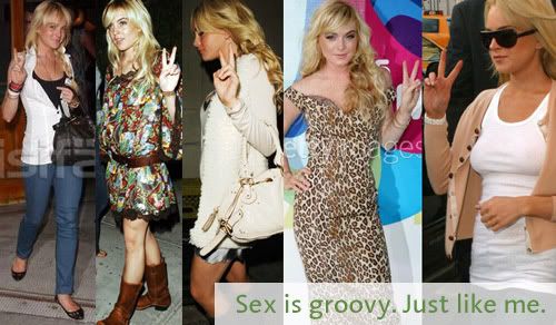 five pictures of Lohan giving the peace sign with the caption: sex is groovy. Just like me.