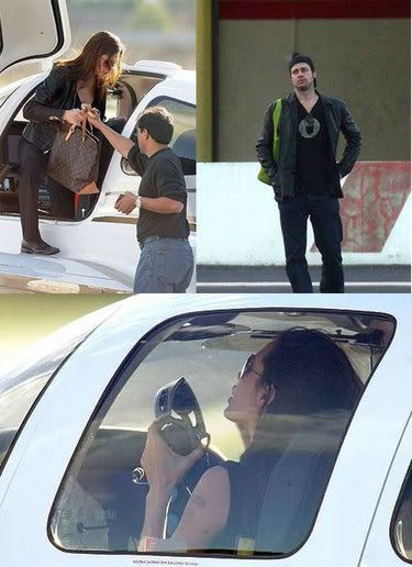 Three pictures of Brad and Angelina taking flying lessons