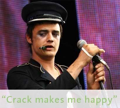 Picture of Pete Doherty of Babyshambles looking strung out, with the caption Crack Makes me Happy