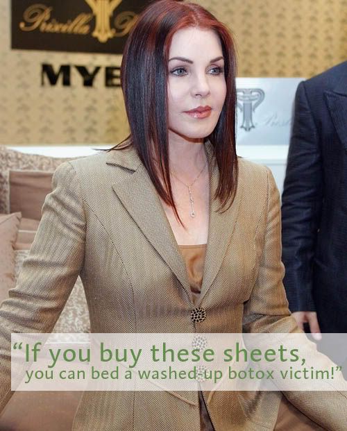 Priscilla Presley on a bed with the caption If you buy these sheets, you can bed a washed-up botox victim