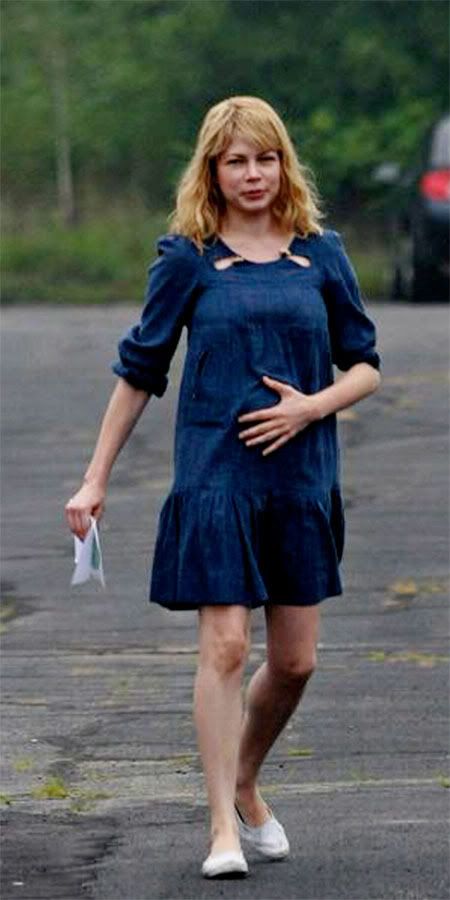 Michelle Williams holds her stomach on the set of Shutter Island in Boston 