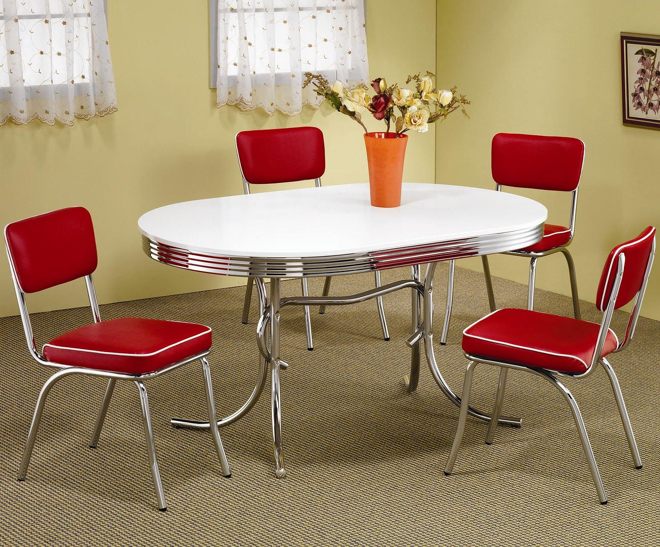Retro 1950's Oval Dining Table and Red Chair 5 Piece Set by Coaster