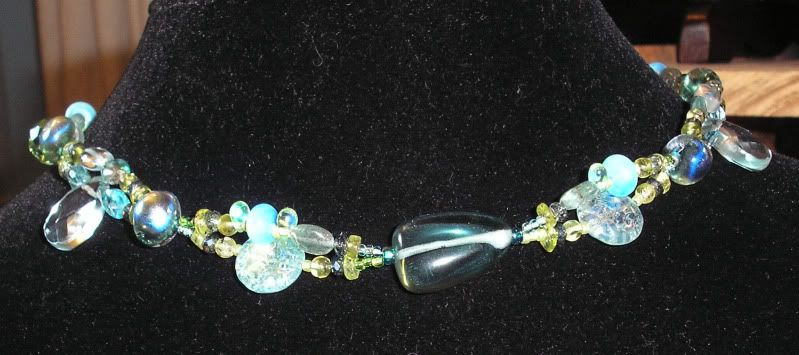 Madding necklace: peridot, aquamarine, and glass beads