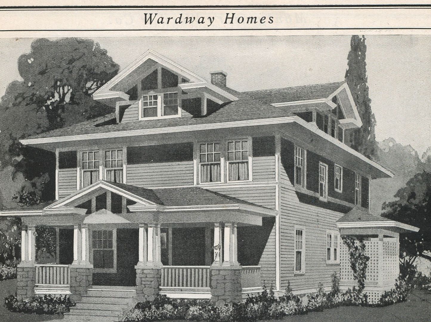I swear, sometimes those foursquares all look alike, but the Wardway Warrenton has a number of unique architectural details, such as that gabled-within-a-hip porch roof, and the four dramatic gabled dormers, replete with cornice returns.