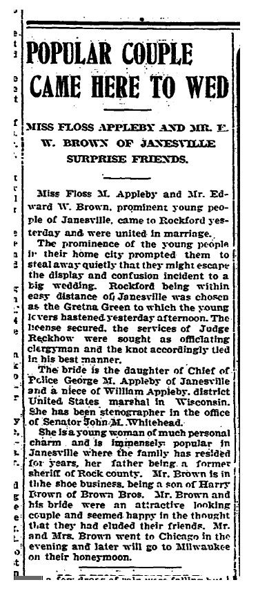 Thanks to Lori, I now know that my grandparents eloped! The article is from the Rockford Morning Star, August 18, 1908. 