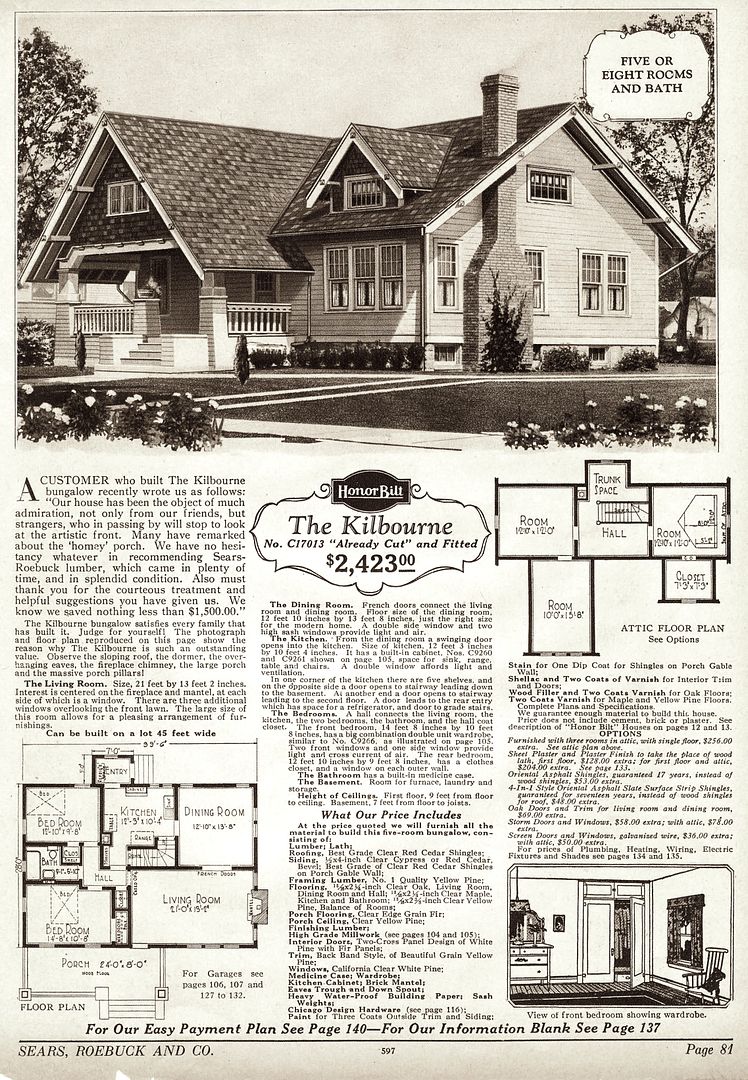 The Kilborn was a fine-looking craftsman bungalow, and was a big seller for Sears (1928 Sears Modern Homes catalog). 