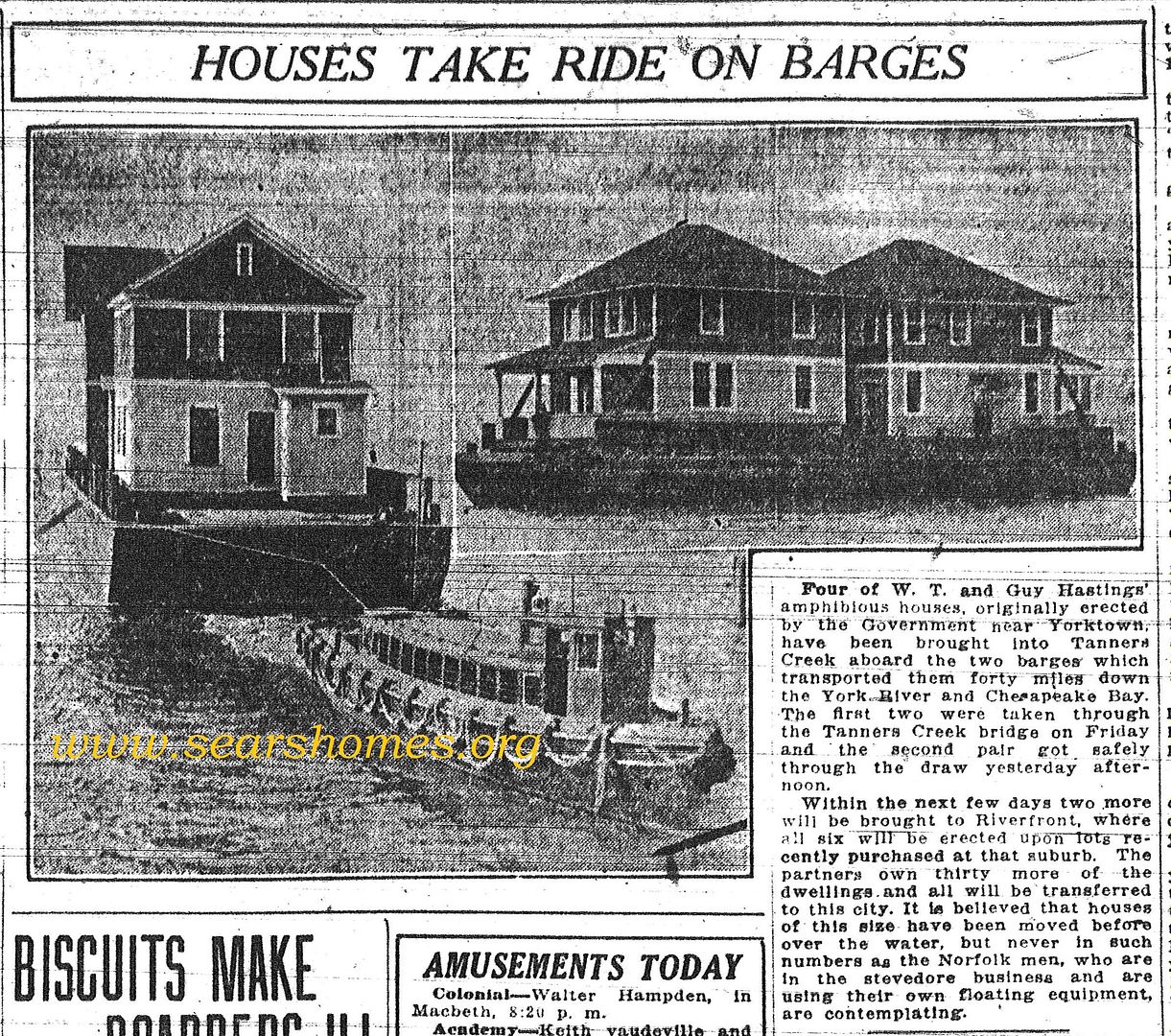 Here are some of Mr. Hastings homes floating down the Chesapeake Bay. This is from the Virginian Pilot (December 5, 1921). 