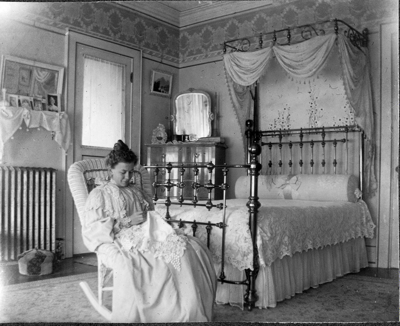 A photo of Addie in her bedroom at the Fargo Mansion (Lake Mills) in the late 1890s.