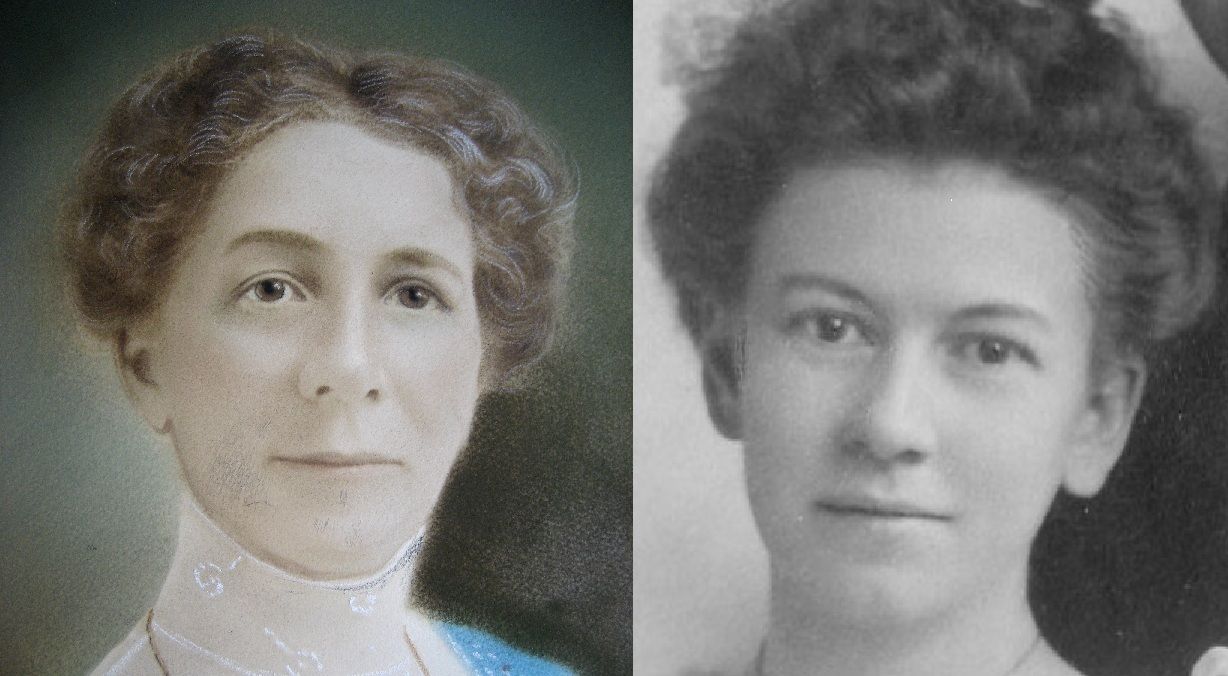 Anna Hoyt Whitmore (left) in 1910, at the age of 44, pictured beside Addie Hoyt Fargo (right) in 1896, at the age of 24.  Anna lived to be 99 years old. Its likely that Addie would have also lived a long life. 