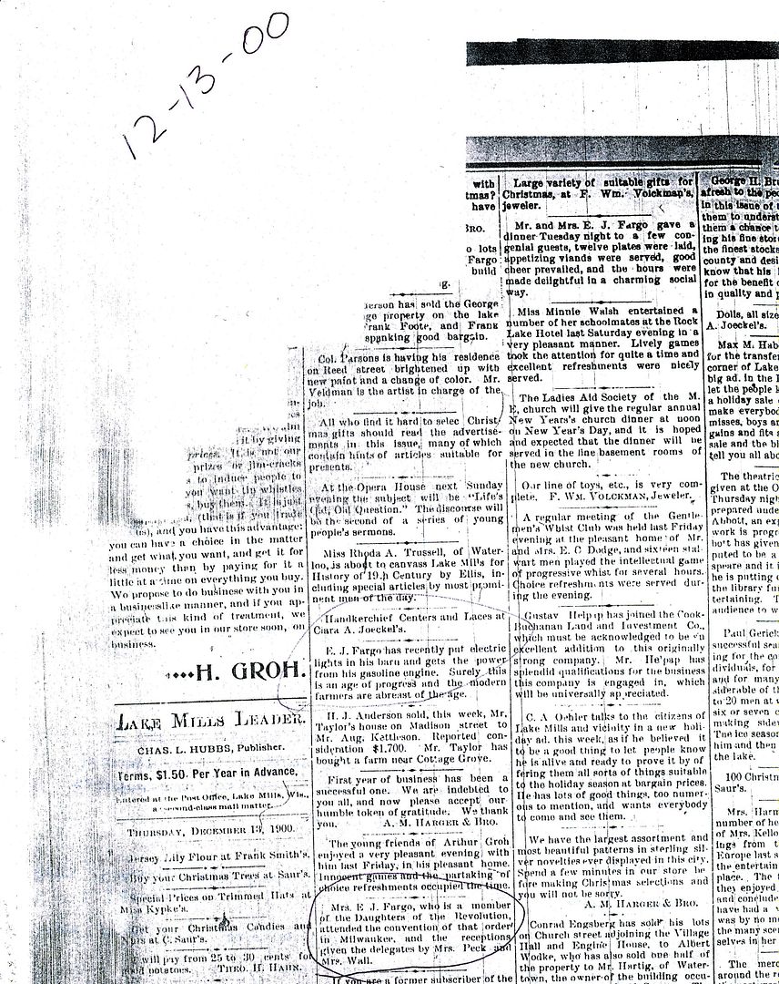 In December 1900, three different happenings at the Fargo Mansion made the front page. nt page 
