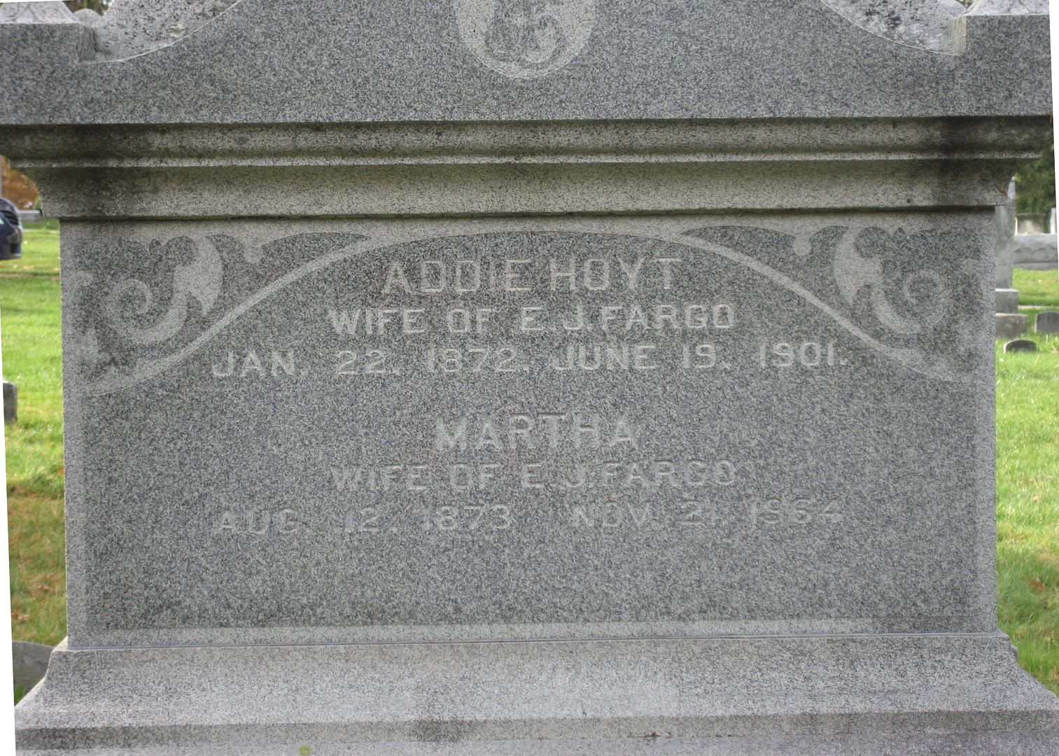 Addie was the wife of one of Lake Mills wealthiest men, Enoch J. Fargo. At the time of Addies death, a young woman named Martha (Maddie) was living in the Fargo Mansion. Seven months after Addies death, Enoch had married Martha. 