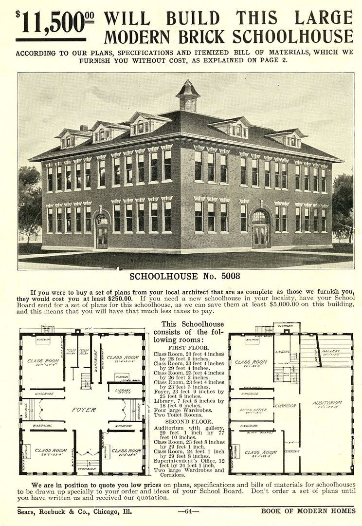 The very first Sears Modern Homes catalog was issued in 1908, and within its pages, Schoolhouse Number 5008 was offered for $11,800. 