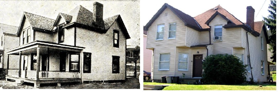 Side by side comparison shows WHY its so difficult to identify these houses a century later. The whole front porch was removed, dramatically altering the look of the house!