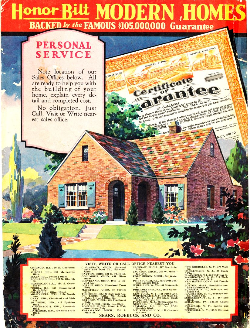 Back page of 1930 Sears Modern Homes catalog, showing cities with Modern Homes Sales Office.