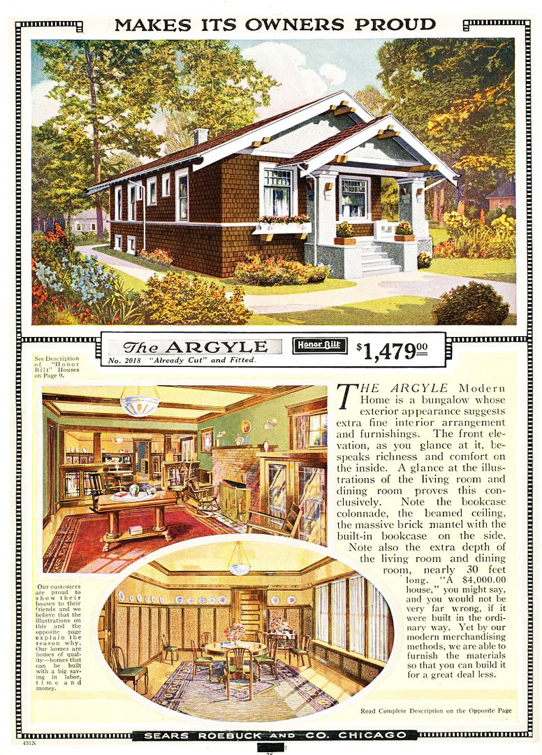 Sears Argyle, from the 1921 Sears Modern Homes catalog. Note the big bold columns on the homes front, and the faux beams around the eaves.