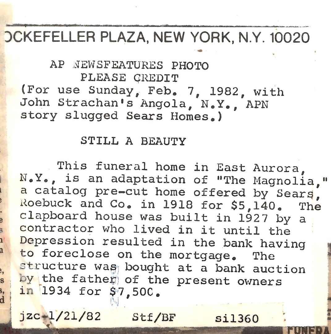Original article, date unknown, identifying the house in Angola as a Sears Magnolia. This snippet was affixed to the back of a photograph of the house. 