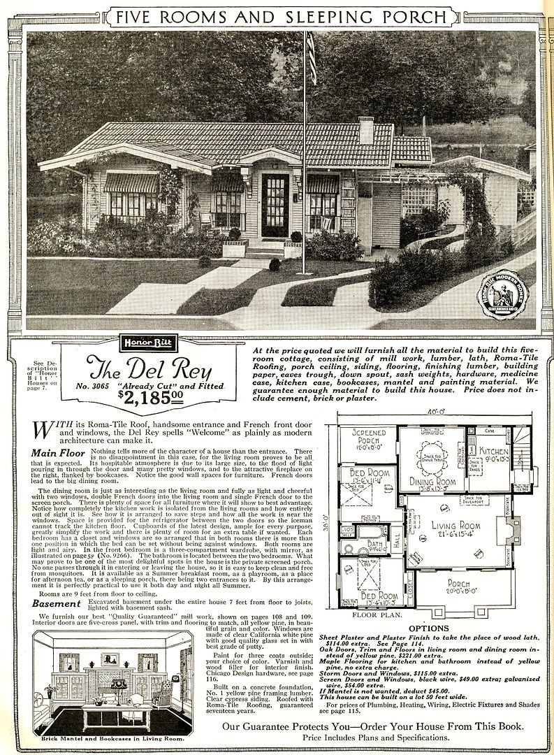 The Sears Del Rey, as seen in the 1921 Sears Modern Homes catalog. From what I can glean, it first appeared in 1920 or 1919. 