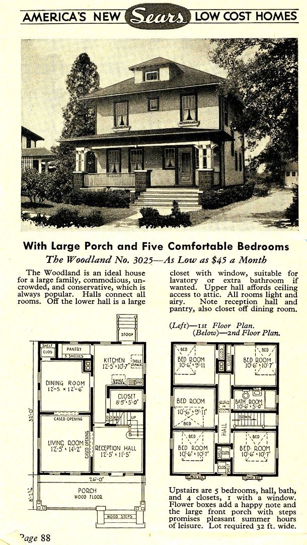 The Sears Woodland was a very popular house. It was offered in the late 1910s, and endured into the 1930s. Its shown here in the 1933 Sears Modern Homes catalog. 