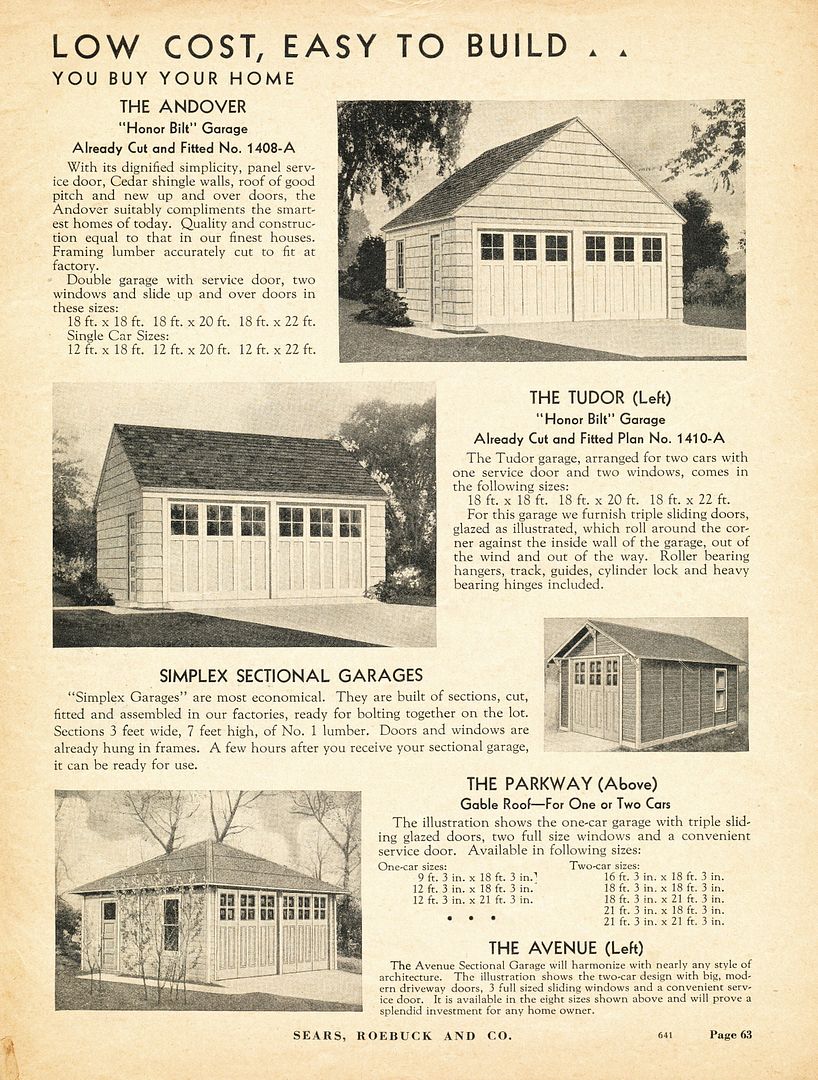 The appearance of their kit garages had changed quite a bit by the 1938 Sears Modern Homes catalog. 