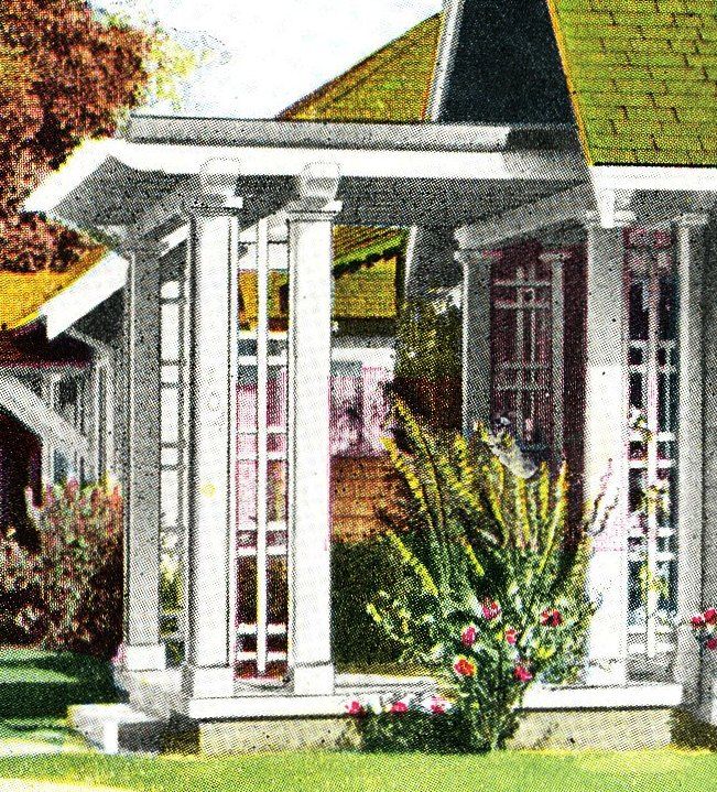 Close-up of the porch on this sideways Pasadena.