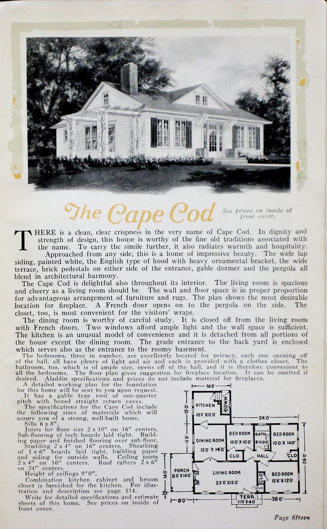 Aladdin Cape Cod, as seen in the 1923 catalog. This catalog page shows one floor plan (L-shaped), but in later years, it was offered in three floorplans, one of which was rectangular. . 