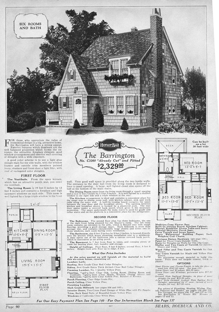Barrington, from the 1928 catalog. The Barrington and the Brookwood look very similar. The Barrington is a little bit bigger than the Brookwood. For a time, I had trouble keeping these houses separate in my mind. And then I thought of this visual clue. The Barrington has three windows in the living room (on the first floor front). The Barrington is a three-syllable word. The Brookwood has two syllables and two windows! Voila!