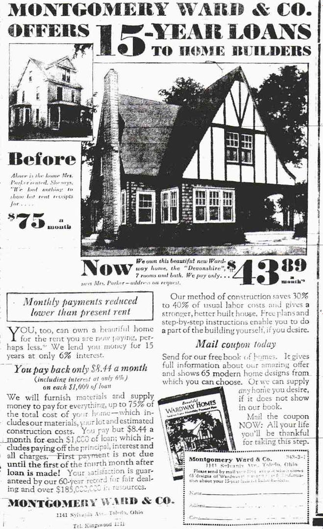 This story is interesting for so many reasons, and heres a biggie. Virgil worked for the Sentinel Tribune as an advertising rep. And on March 1, 1932, a couple weeks before Wardway Homes closed down, this ad appeared in the Sentinel Tribune. 