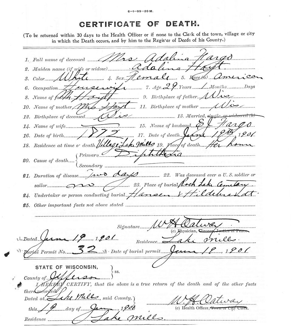 Addies death certificate, allegedly falsified by Dr. Oatway.