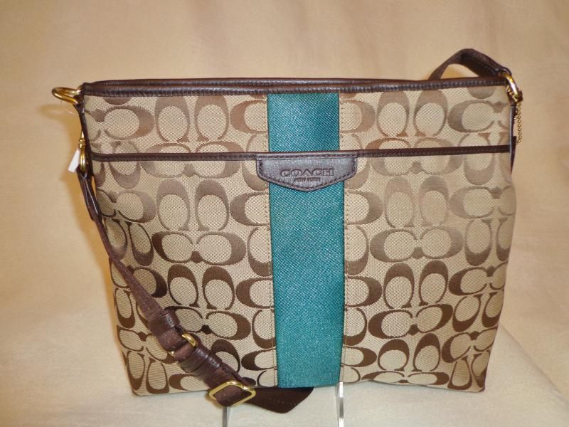 Details about COACH Handbag 28502 Signature Stripe Medium Green ...