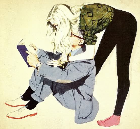 girl leaning over man reading a magazine