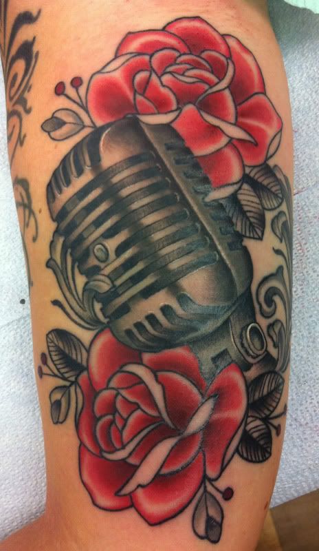vintage microphone and rose tattoo