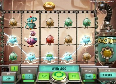EggOmatic online video slot takes place inside a high tech robot egg factory