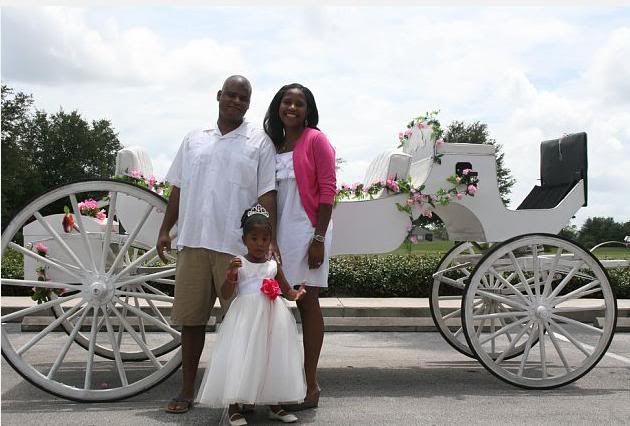 Princess Sophia and her parents pictured in front of our horse carriage for her birthday party in St. Augustine, FL.