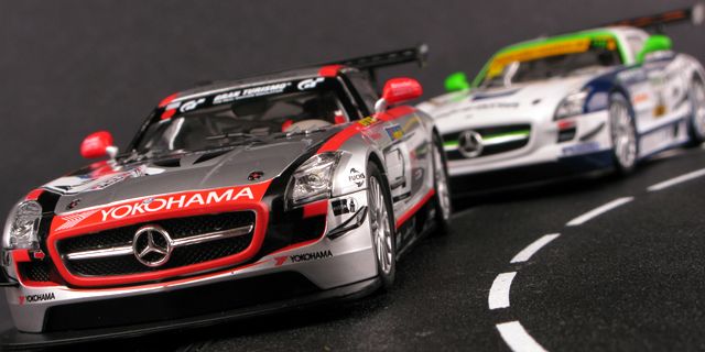 Photos of the two new Carrera D132 Mercedes SLS GT3's that are coming