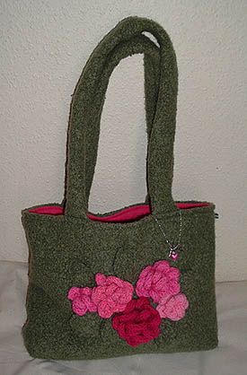 Green felt bag with knitted roses (c) Kristen Bailey 2004