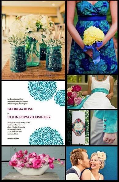 I love the colors patterned bridesmaids dress and the brides fun turquoise 
