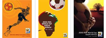 composición con los tres afiches candidatos a póster oficial del mundial de fútbol Sudáfrica 2010, por Federico Diaz Mastellone, de fifa.com