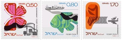 composición con estampillas de Israel y Polonia, diseñadas en 1975 por Eliezer Weishoff -las primeras- y en 1963 las segundas