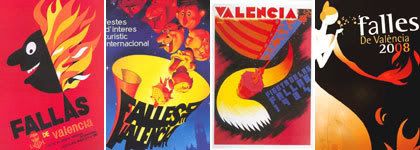 composición con sección de afiches de la festividad de Las Fallas, Valancia, España, de ateneupopular.com/2008/03/17/design-inspiration-vol-8-especial-fallas-de-valencia/