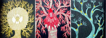 composición con sección de páginas ilustradas pertenecientes al libro The Night Life of Trees, por Bhajju Shyam, Durga Bai y Ram Singh Urveti, de www.analoguebooks.co.uk/product/the-night-life-of-trees