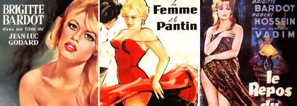 composición con secciones de afiches de los films -Le Mépris-, -La femme et le pantin- y -Le repos du guerrier, todo de axoncozysmut.blogspot.com/2008/09/brigitte-bardot-poster-collection.html 