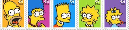 sección de imagen promocional de la serie de sellos postales inspirada en The Simpsons, de www.usps.com/promotions/simpsons.htm