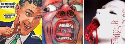 composición con sección de tapas de The Mothers of Invention -Weasels Ripped My Flesh- (1988); King Crimson -In the Court of the Crimson King- (1969); y  Bjork -Cocoon 2- (2002), en ese orden, todo de www.smashingmagazine.com/2009/05/13/100-obscure-and-remarkable-cd-covers/