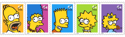 sección de imagen promocional de la serie de sellos postales inspirada en The Simpsons, de www.usps.com/promotions/simpsons.htm